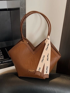 Brown woven texture tote bag with large capacity and stylish V-shaped opening design