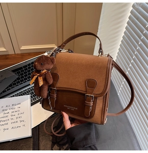 Retro contrast color crossbody bag with buckle detail and cute teddy bear charm