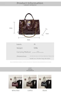 Detailed size specifications and color options for the quilted chain shoulder tote bag
