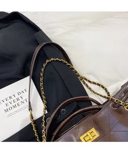 Detail of dark brown quilted leather bag with gold twist lock and woven chain strap