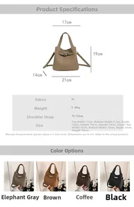 Detailed size specifications and color options for the minimalist PU leather bucket bag