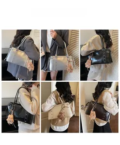 Chic underarm tote bag with silver studs and cute plush bear charm in various colors