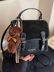 Women's Retro PU Leather Small Backpack Patchwork Handbag Crossbody Bag With Plush Bear Pendant Vintage Academy Style School Travel Daypack