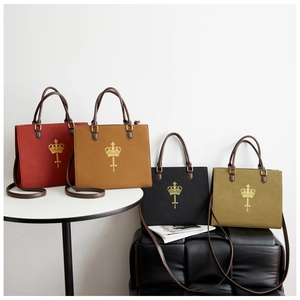 Retro British style tote bags in four colors with gold crown embroidery and strap