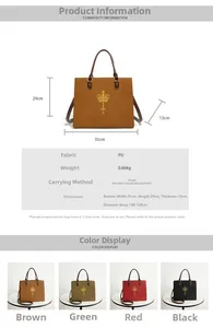 Detailed spec sheet of PU leather tote bag showing dimensions and four color options