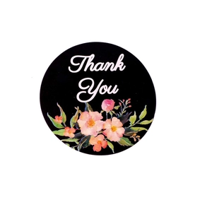 Autocollants Thank You floraux avec fond noir et fleurs roses à l'aquarelle