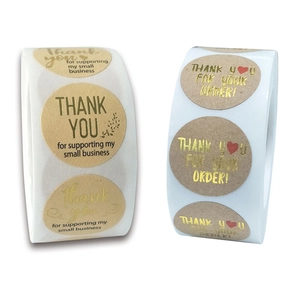 Brown kraft paper round thank you labels with gold foil stamping for business packaging