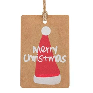 Merry Christmas kraft paper gift tags with red Santa hat and jute twine on white background