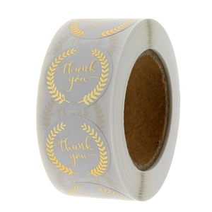 White and gold foil Thank You stickers roll for wedding gifts and business packaging