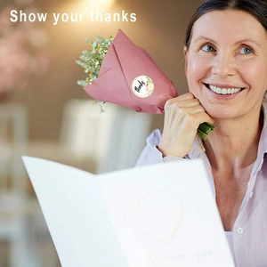 Floral Thank You sealing stickers shown on a gift bouquet for creative gift packaging