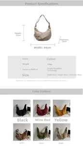Detailed dimensions and color palette for the large crescent canvas crossbody bag