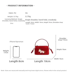 Detailed size comparison of red plush pony bag and iPhone 16 Pro Max with product specs