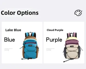 Detail view of foldable outdoor backpacks in lake blue and sunset purple ripstop nylon