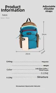 Detailed size specifications for a lightweight water-resistant blue foldable outdoor backpack