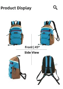 Front, side, and back views of a foldable waterproof outdoor hiking backpack with mesh straps
