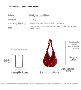 Red plush shoulder bag with white star pattern and size dimensions including carry options