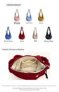 Detail view of plush shoulder bag showing interior zipper pocket and multiple color options