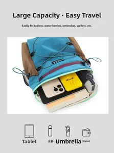 Detail showing high-capacity interior of foldable backpack with iPad and travel essentials