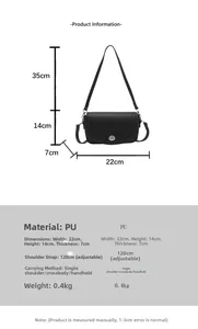 Tabla de tallas detallada para bolso de hombro negro en piel PU con grano litchi