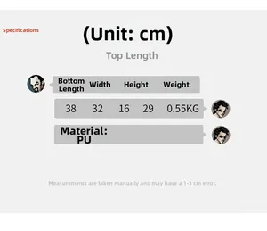 Detailed size chart for large PU tote bag showing 38x16x29 cm dimensions and weight