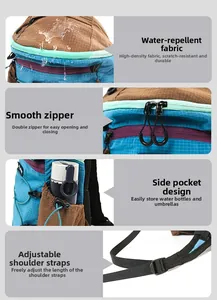 Detail view of water-repellent grid fabric, smooth dual zippers and adjustable shoulder straps