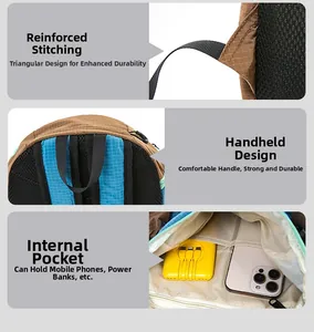 Detail of reinforced stitching, sturdy top handle and interior pocket on folding backpack