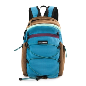 Detail of multi-color foldable outdoor backpack showing brand logo and bungee cord system