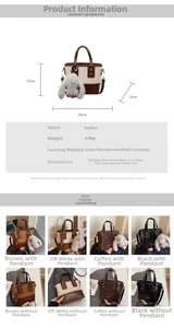 Tableau détaillé des tailles et vue intérieure des sacs seaux en peluche en 4 couleurs