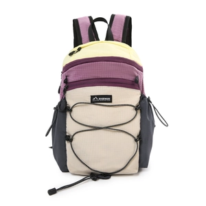 Detail of multi-color folding backpack with elastic bungee cords and tear-resistant fabric