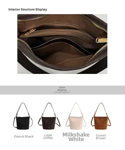 Detailansicht der Innenfächer und vier verfügbaren matten Farben der Eimertasche