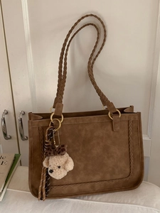Vintage Frosted PU Leather Tote Bag Women Shoulder Bag Braided Strap Plush Pendant Fashion Large Capacity Daily Handbag