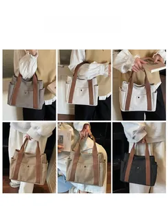 Detailed views of high-capacity canvas tote bag in various colors on models
