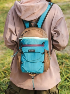 Lightweight foldable outdoor backpack in blue and brown water-resistant fabric
