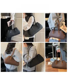 Detailed views of minimalist leather tote bag showing black and brown color options