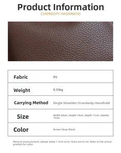 Détail du sac seau en cuir PU marron avec tableau des dimensions et des caractéristiques