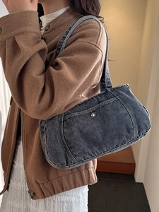 Retro dark grey denim shoulder bag with metal rivet and contrast stitching for women
