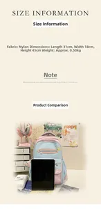 Size chart showing dimensions 31x18x45cm and nylon material of the color block backpack