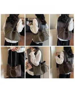 Multiple views of olive green and dark brown tote bags on models in minimalist studio