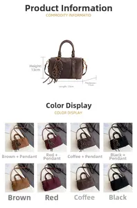 Detailed size specifications for a luxury suede Boston handbag in various colors