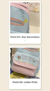 Detail view of pink and blue school backpack with star patches and happy time printing