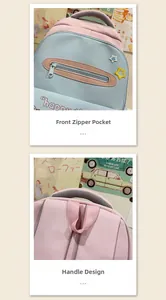Detail of school backpack showing front zipper pocket and reinforced top handle