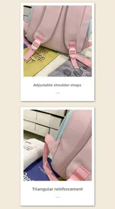 Detail of adjustable straps and triangle reinforcement on a pink and blue backpack