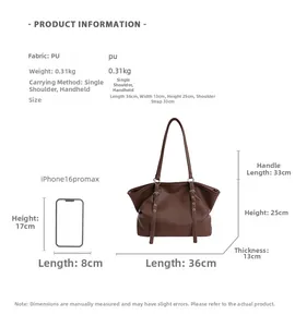Size chart showing large capacity black tote bag dimensions with iPhone size comparison