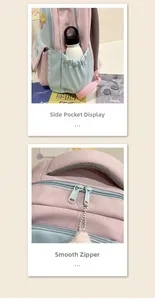 Detail of pink and blue backpack showing side pocket for water bottle and smooth zippers