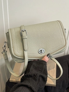 Bolso Bandolera para Mujer de Estilo Francés en Cuero PU Grano de Lichi Bolso de Hombro Cuadrado Pequeño Minimalista Con Cierre Giratorio Plateado
