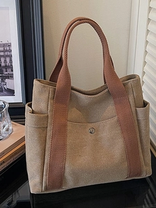 Women Large Capacity Canvas Tote Bag Casual Handbag Contrast Color Shoulder Bag With Multi Pockets For Commuting School Travel