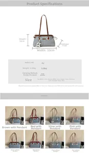 Guía de tallas con dimensiones 33x18x11cm y especificaciones del bolso de cuero PU