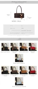 Detailed chart showing PU leather shoulder bag dimensions and five vintage color options