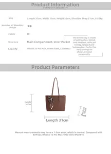 Detailed view of brown PU leather tote bag size 31x11x26cm with decorative silk scarf