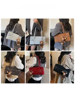 Collage showing multiple colors of faux suede shoulder bags with plush bear charms